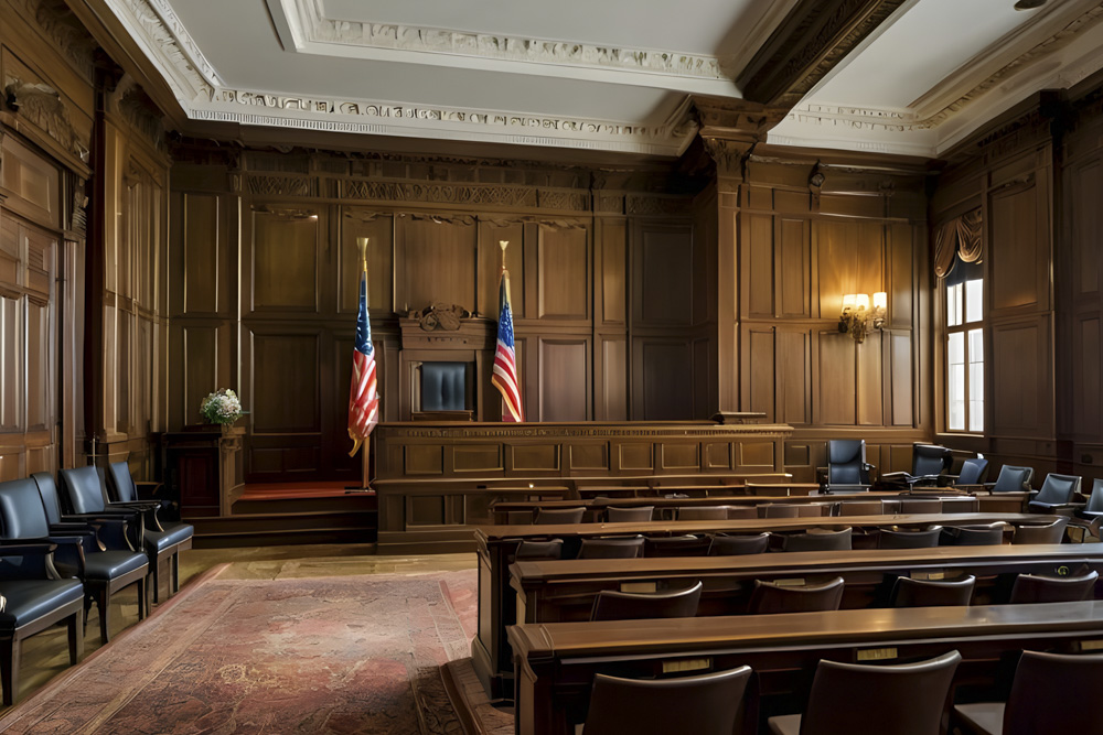 Interior of American courtroom with wooden table chair and usa f